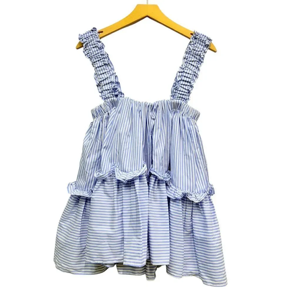BROGGER Cotton Poplin Blue Striped Babydoll Top size Small NWT